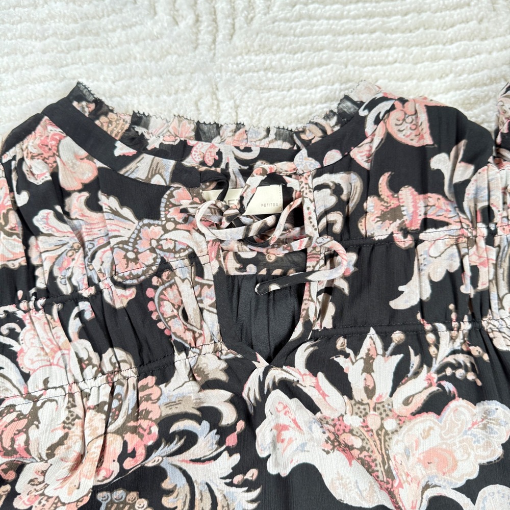 LOFT Dress Petite XXS Black Pink Floral Print Boho Sheer Sleeve Mini Brunch Date - Picture 10 of 12
